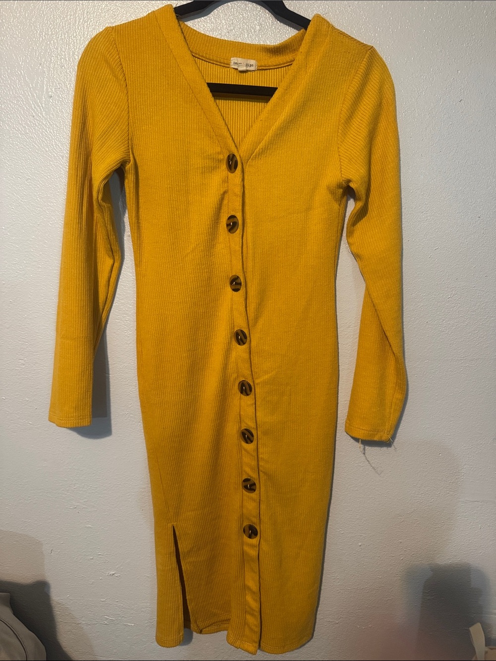Mustard Yellow Button-Front Ribbed Midi Dress